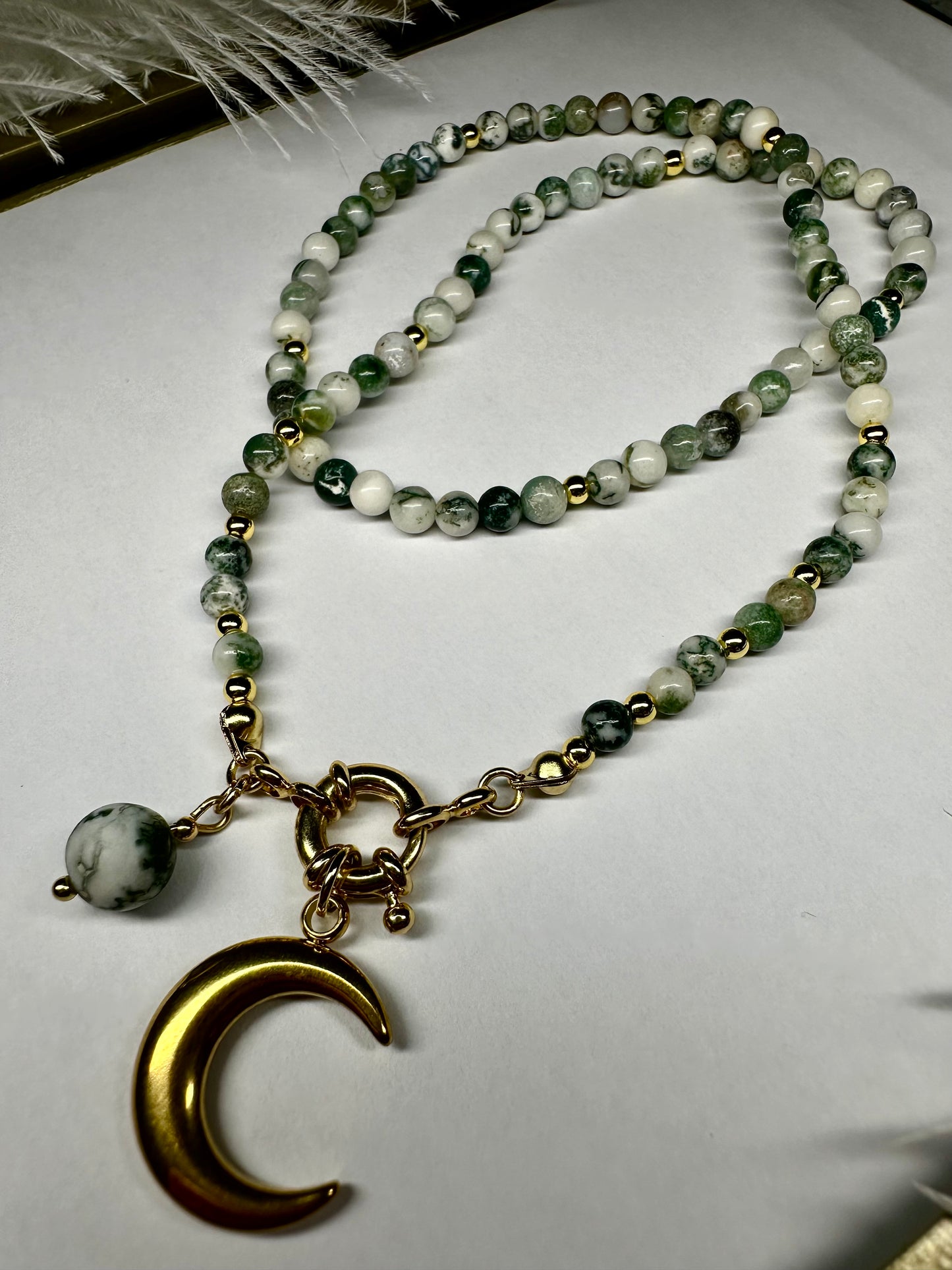 Tree Agate Beaded Necklace with Gold Crescent Moon Pendant