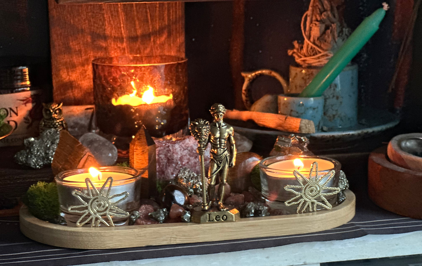Leo Zodiac Crystal Tray • Tiger Eye, Sunstone & Pyrite • Handmade Leo Altar