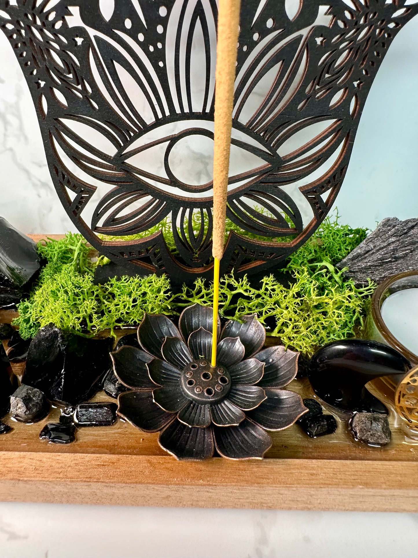 Black Tourmaline, Obsidian Protection Tray | Hamsa Hand Evil Eye Decor | Resin Altar Tray with Incense Holder | Ritual Decor, Spiritual Gift