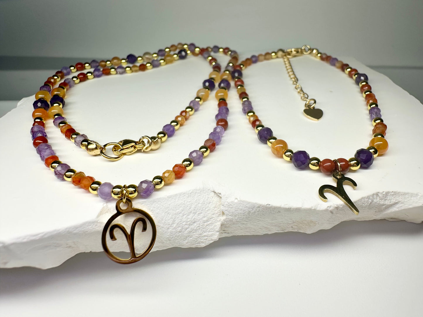 Aries Crystal Jewellery Set – Handmade Carnelian & Amethyst Beaded Necklace + Bracelet for Courage and Calm