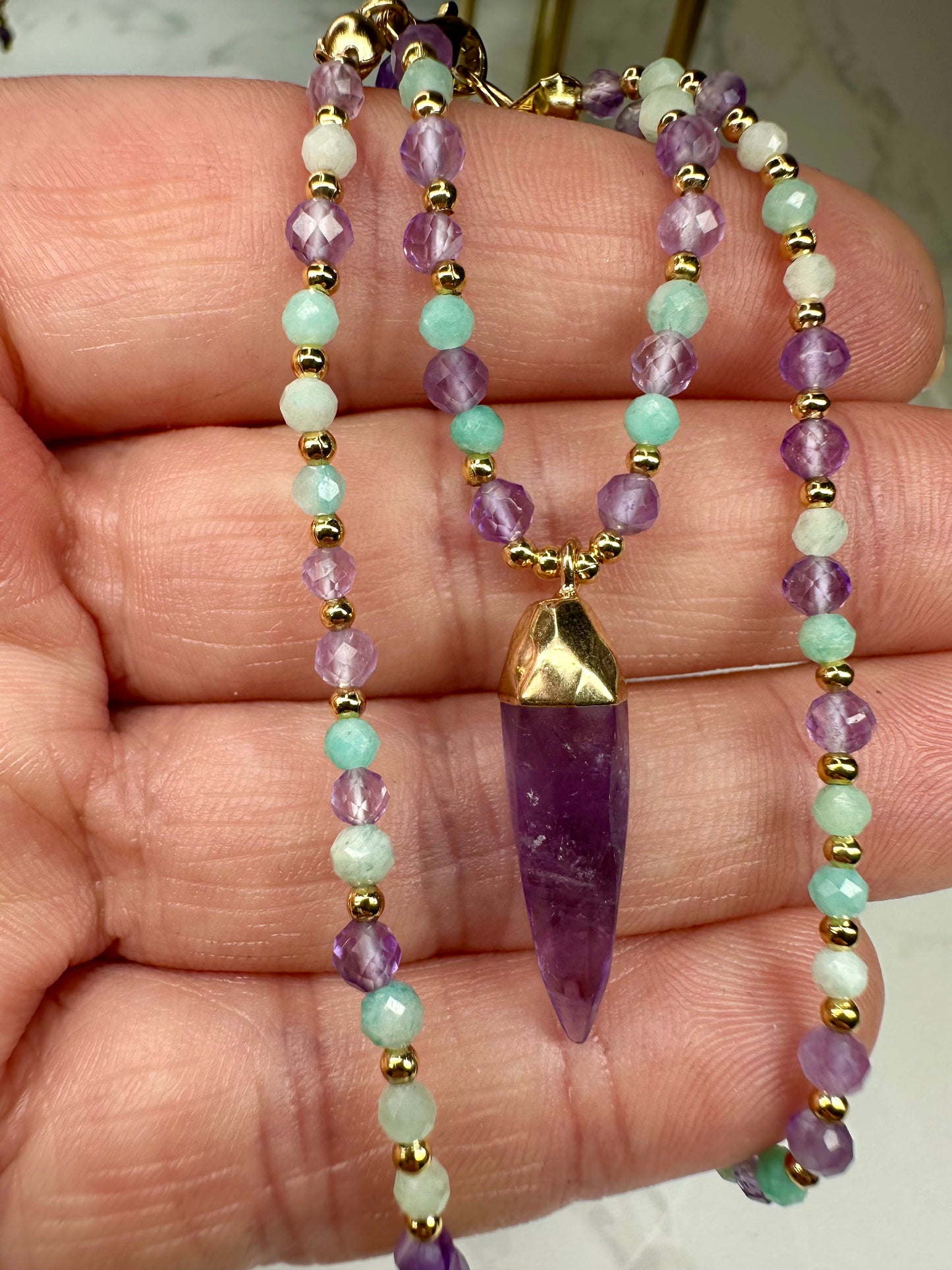 Amazonite & Amethyst Crystal Necklace, grounding and uplifting.