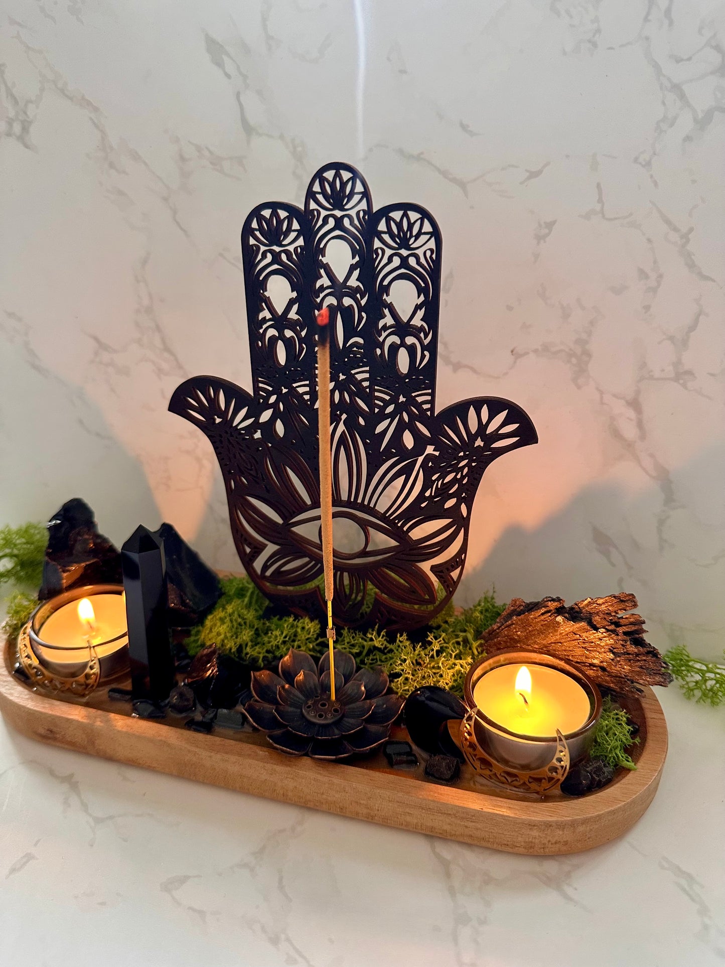 Black Tourmaline, Obsidian Protection Tray | Hamsa Hand Evil Eye Decor | Resin Altar Tray with Incense Holder | Ritual Decor, Spiritual Gift