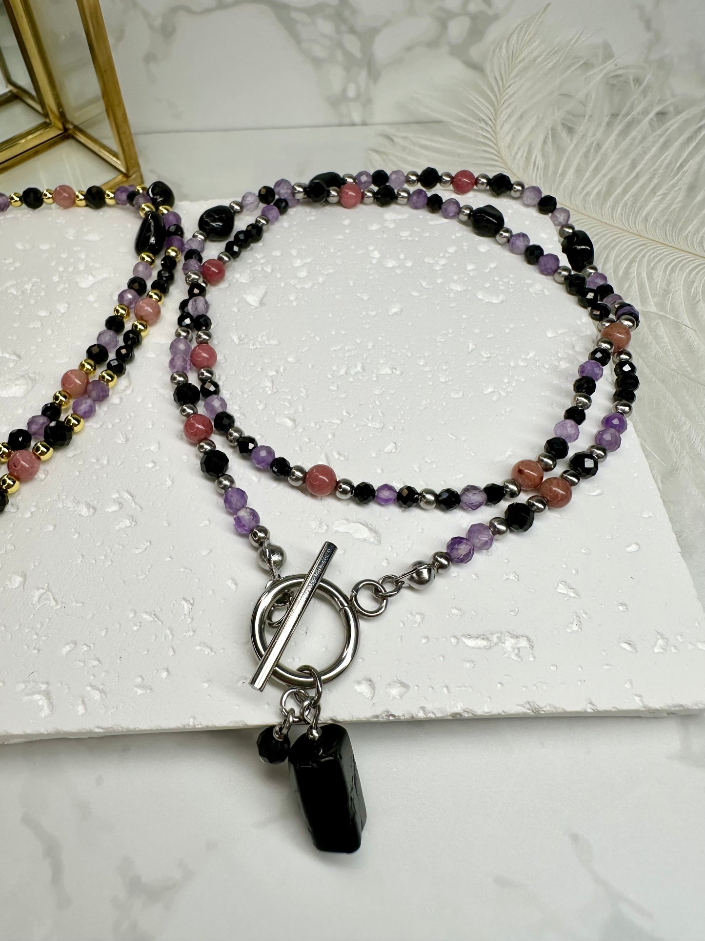 Black Tourmaline, Amethyst & Rhodonite Healing Necklace