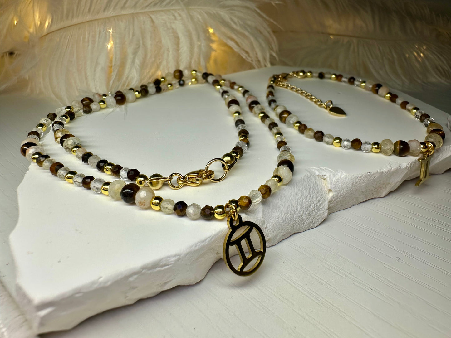 Gemini Zodiac Jewelry Set – Handmade Tiger Eye, Citrine & Clear Quartz Necklace and Bracelet Astrology Gift