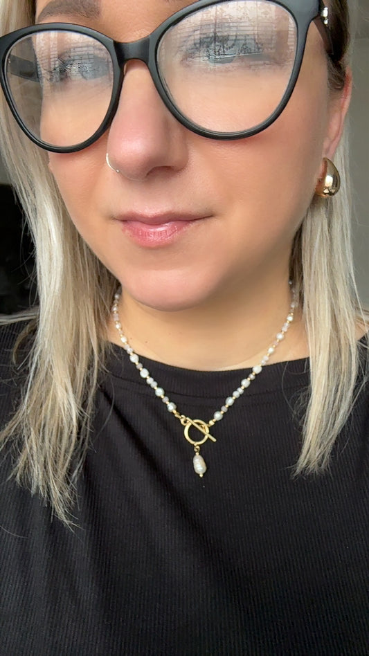 Freshwater Pearl• Moonstone • Rose Quartz Necklace • Baroque Pearl  Toggle Clasp