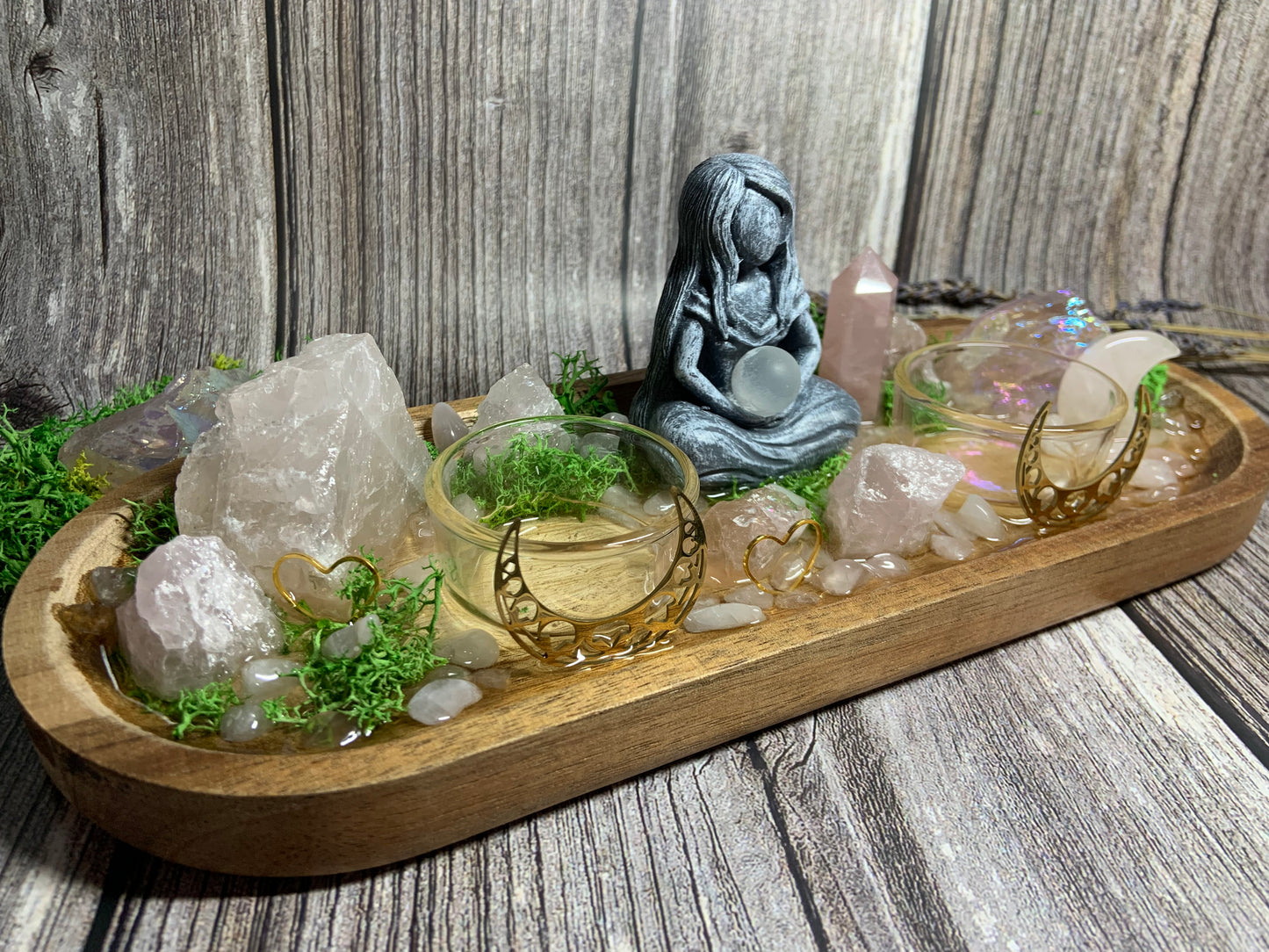 Goddess Love & Self‑Love Crystal Candle Holder | Rose Quartz - Aura Quartz Altar Tray | Divine Feminine Ritual Decor, Spiritual Gift Display