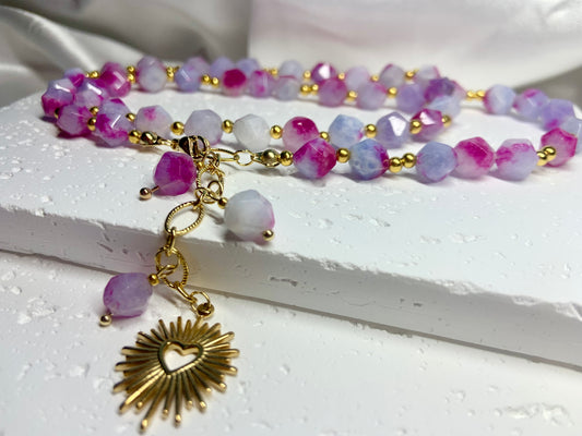 Pink Jade Necklace with Sunburst Heart Charm – Handmade Crystal Jewelry for Love, Joy & Emotional Healing