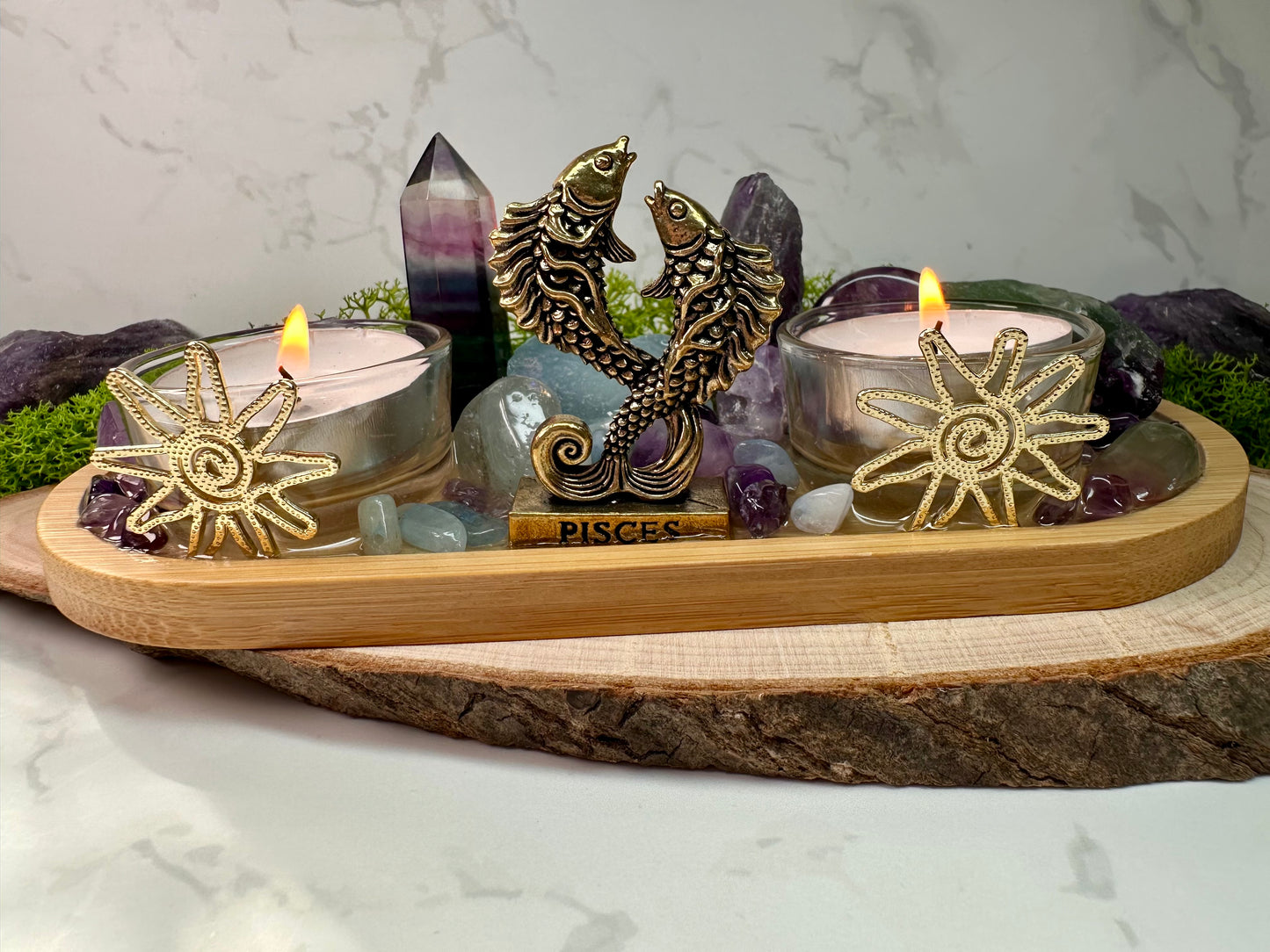 Pisces Zodiac Crystal Altar • Rainbow Fluorite, Aquamarine & Amethyst