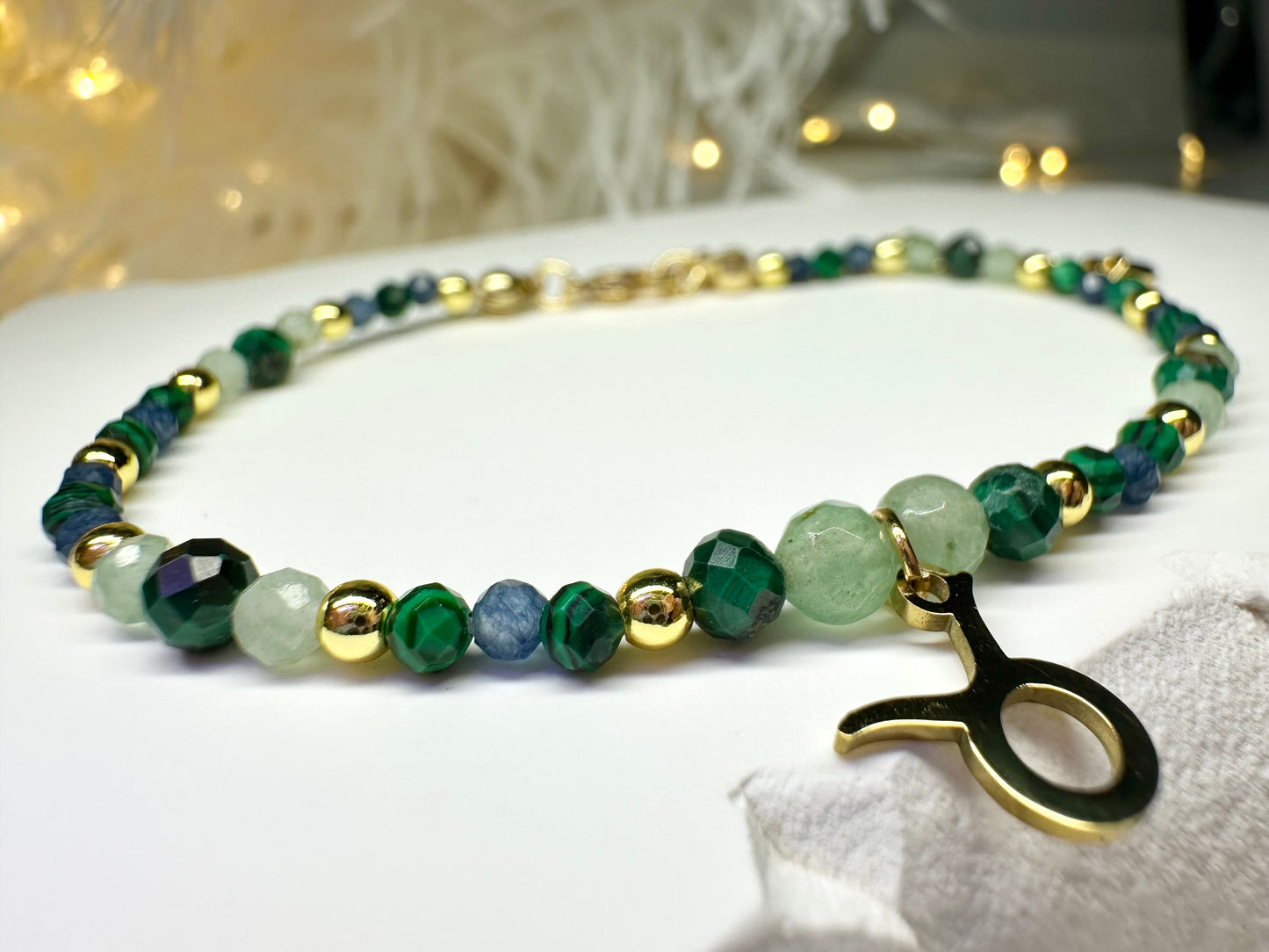 Handmade Taurus Zodiac Bracelet – Malachite, Green Aventurine & Sapphire Beads
