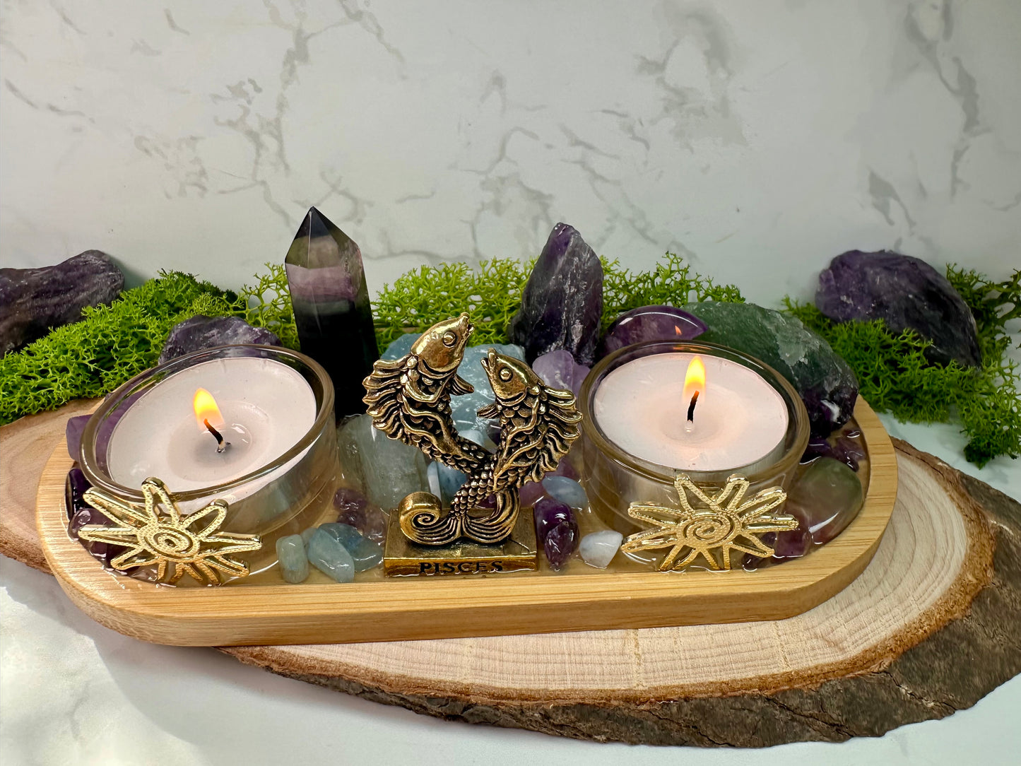 Pisces Zodiac Crystal Altar • Rainbow Fluorite, Aquamarine & Amethyst