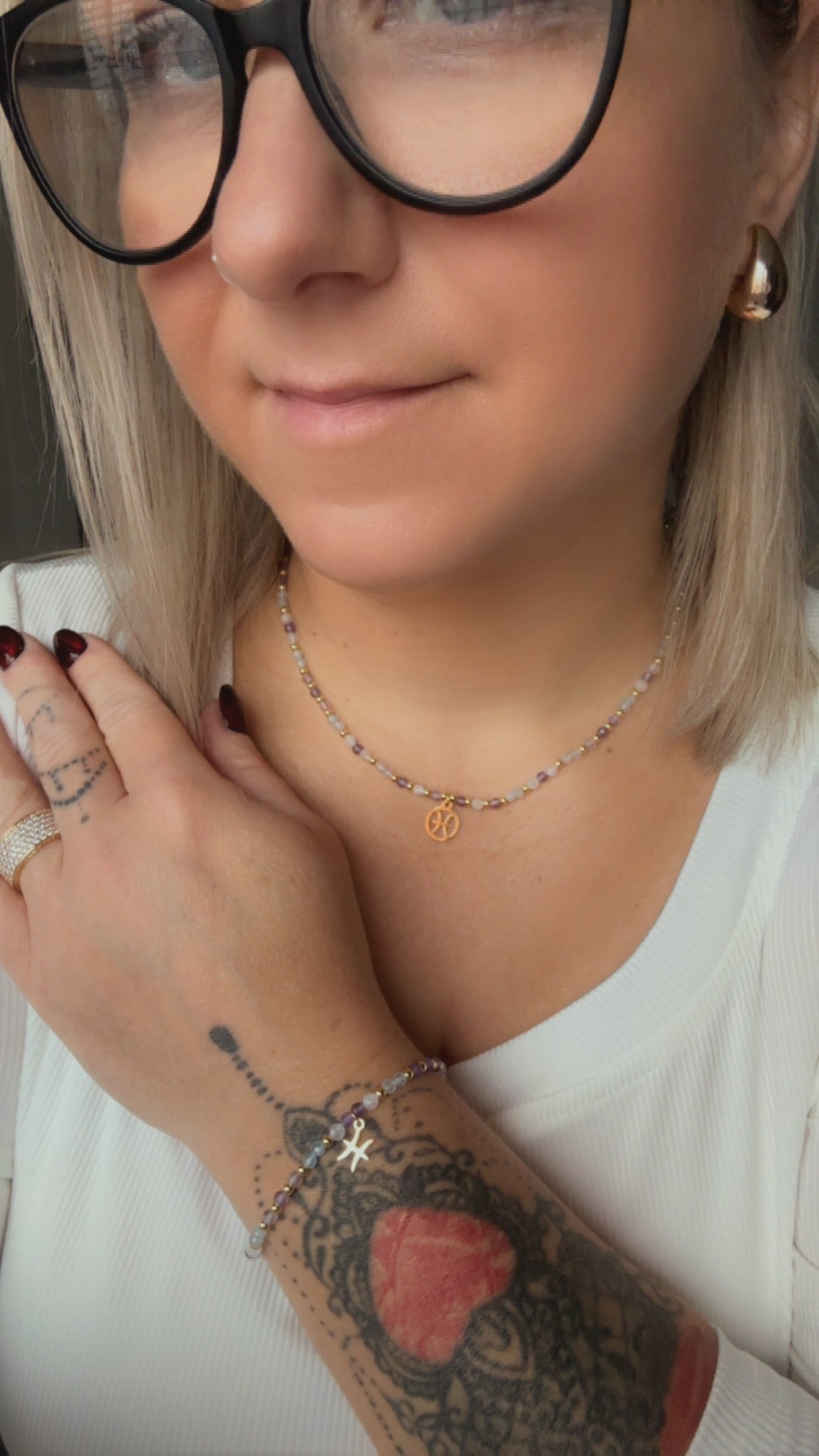 Pisces Crystal Jewellery Set – Handmade Beaded Aquamarine, Moonstone & Amethyst Necklace + Bracelet for Intuition & Calm