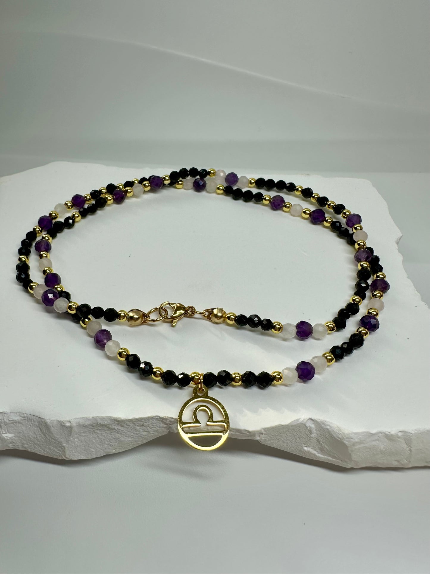 Libra Birthstone Necklace – Black Tourmaline, Rose Quartz & Amethyst | Handmade Zodiac Crystal Jewelry for Balance & Love