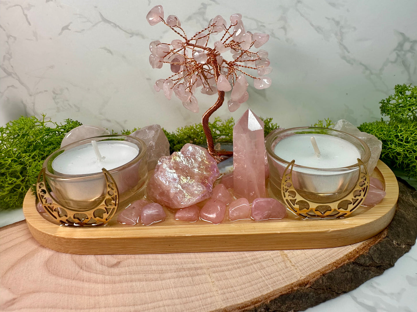 Love & Self‑Love Crystal Candle Holder | Rose Quartz Altar Tray | Divine Feminine Ritual Decor, Spiritual Gift,