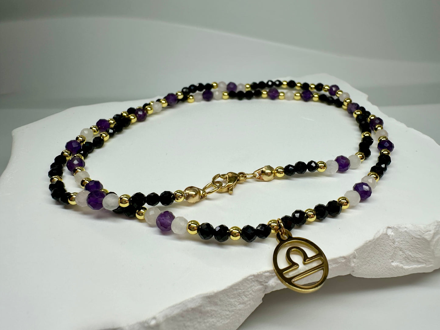 Libra Birthstone Necklace – Black Tourmaline, Rose Quartz & Amethyst | Handmade Zodiac Crystal Jewelry for Balance & Love