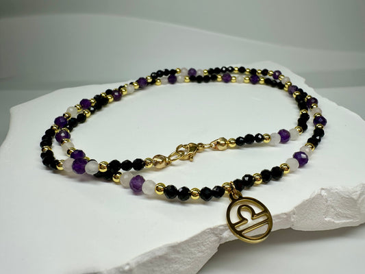 Libra Birthstone Necklace – Black Tourmaline, Rose Quartz & Amethyst | Handmade Zodiac Crystal Jewelry for Balance & Love