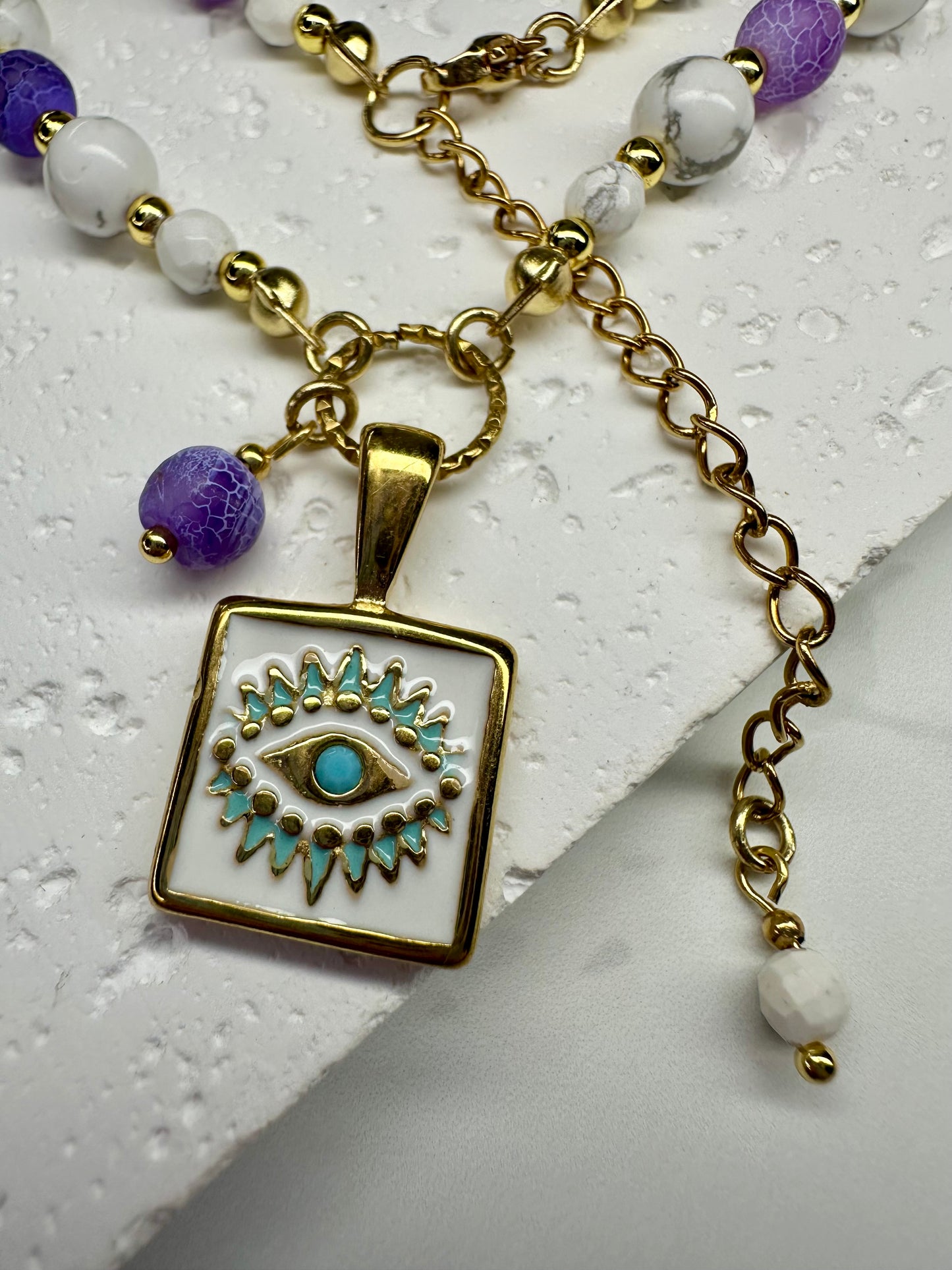 Lilac Cracked Agate - White Howlite Beaded Necklace with Evil Eye Pendant