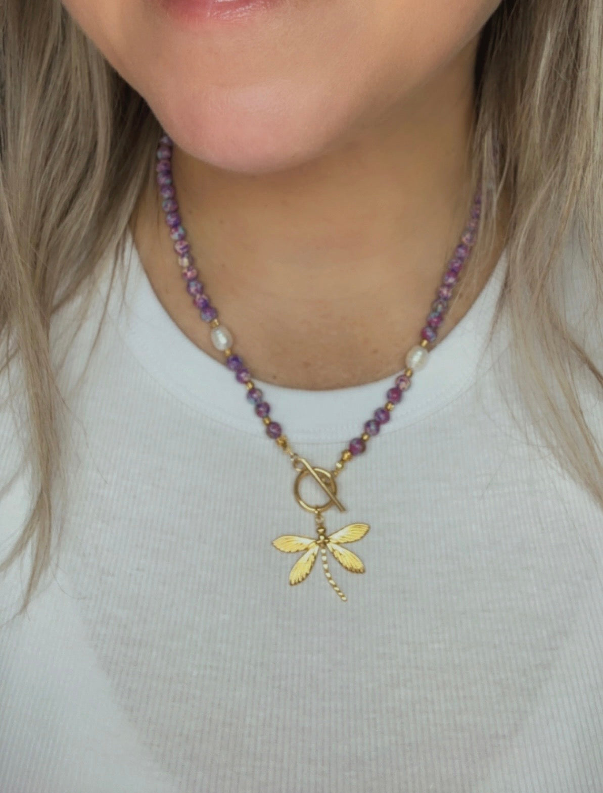 Purple Blue Sea Sediment Imperial Jasper Necklace-Barogue Pearl -Dragonfly Pendant