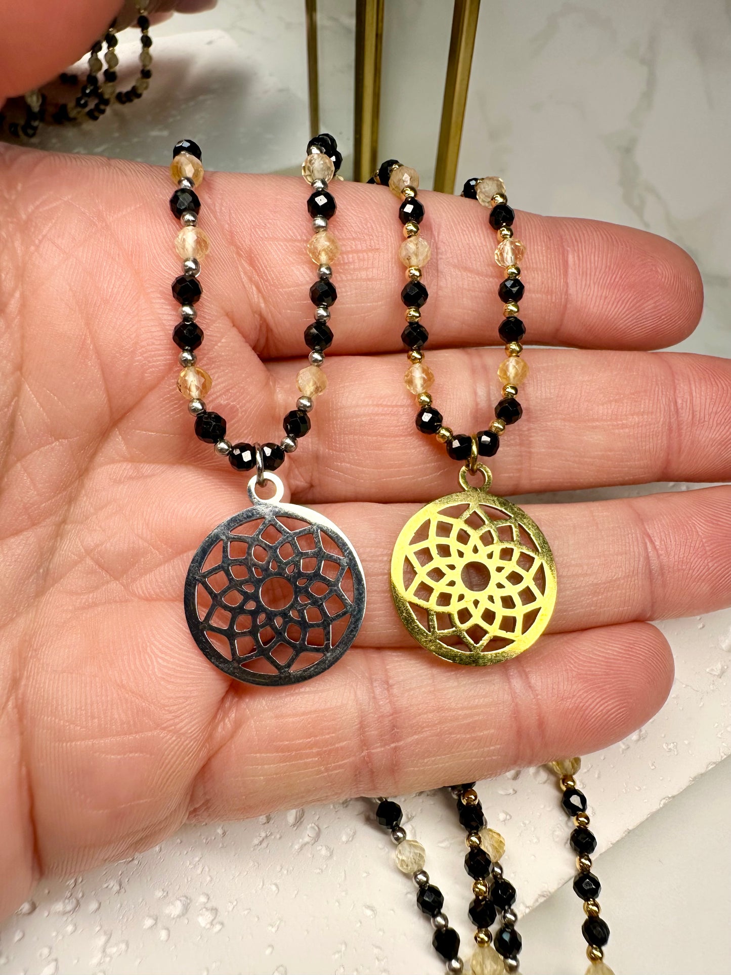 Dainty Black Tourmaline  Citrine Necklace • Mandala Pendant • Protection & Abundance