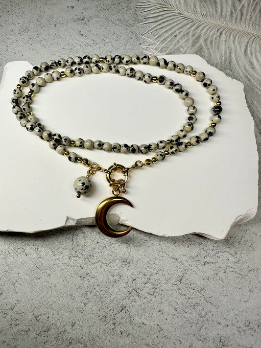 Dalmatian Jasper Beaded Necklace with Gold Crescent Moon Pendant