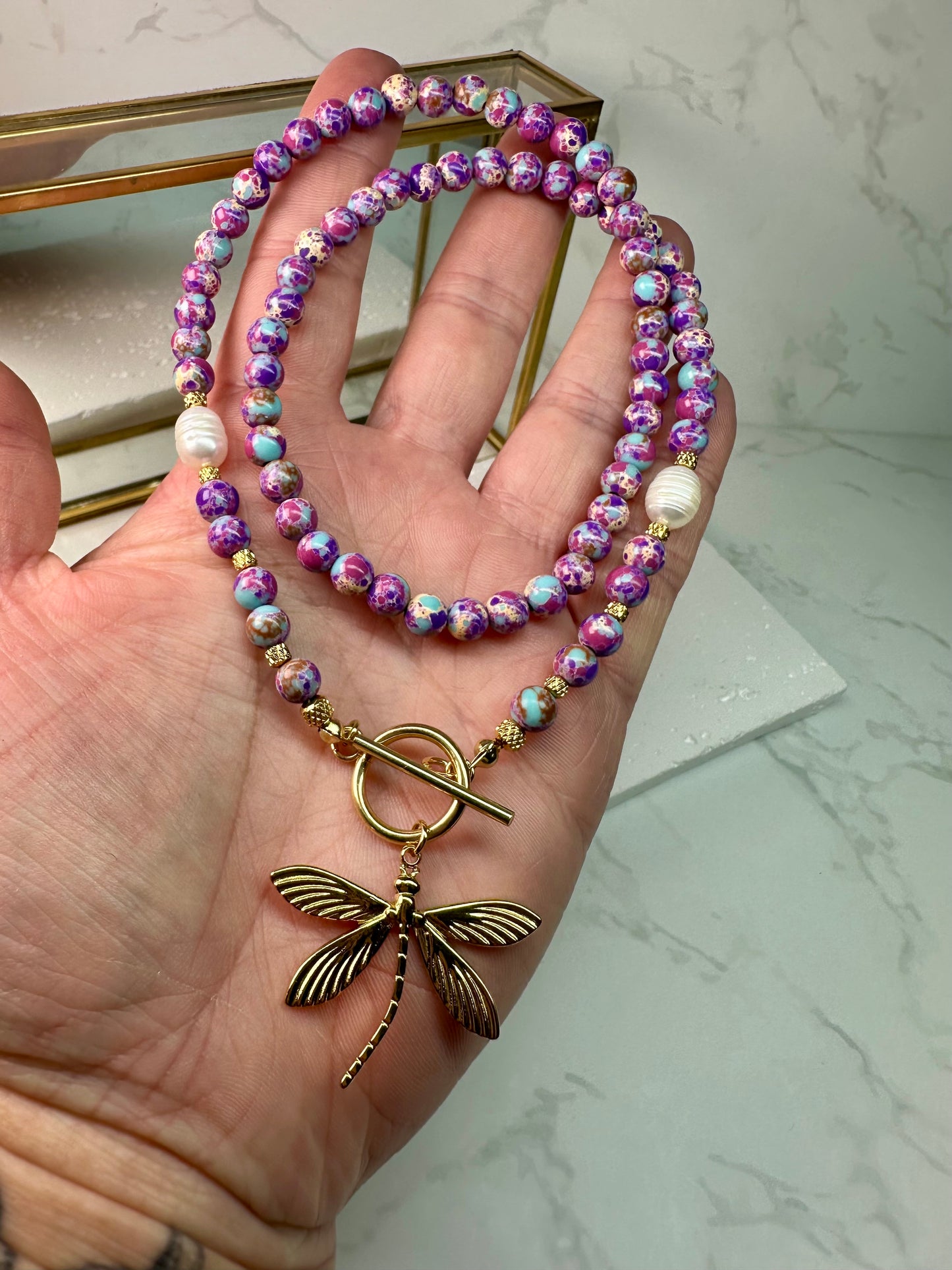 Purple Blue Sea Sediment Imperial Jasper Necklace-Barogue Pearl -Dragonfly Pendant