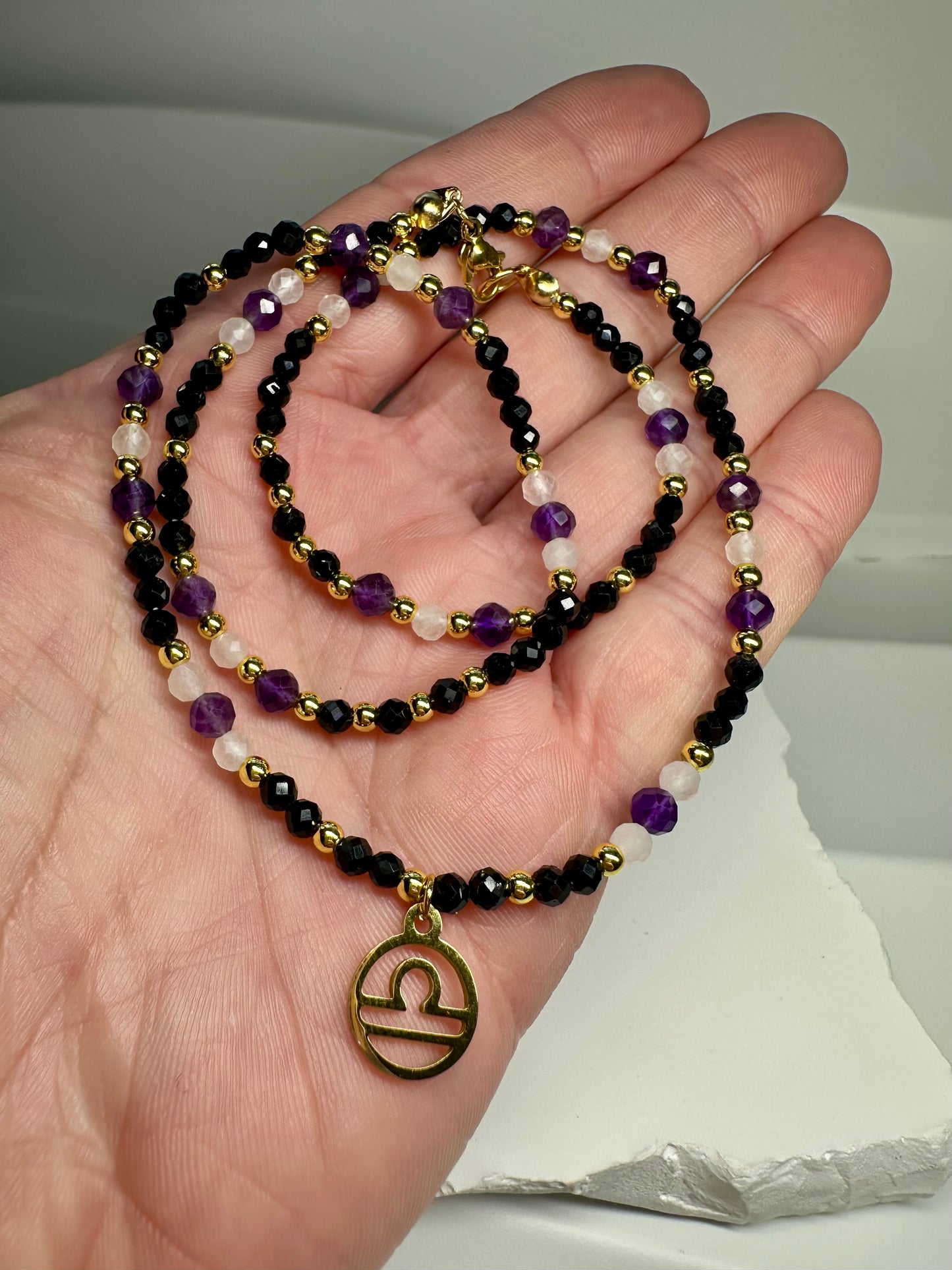 Libra Birthstone Necklace – Black Tourmaline, Rose Quartz & Amethyst | Handmade Zodiac Crystal Jewelry for Balance & Love