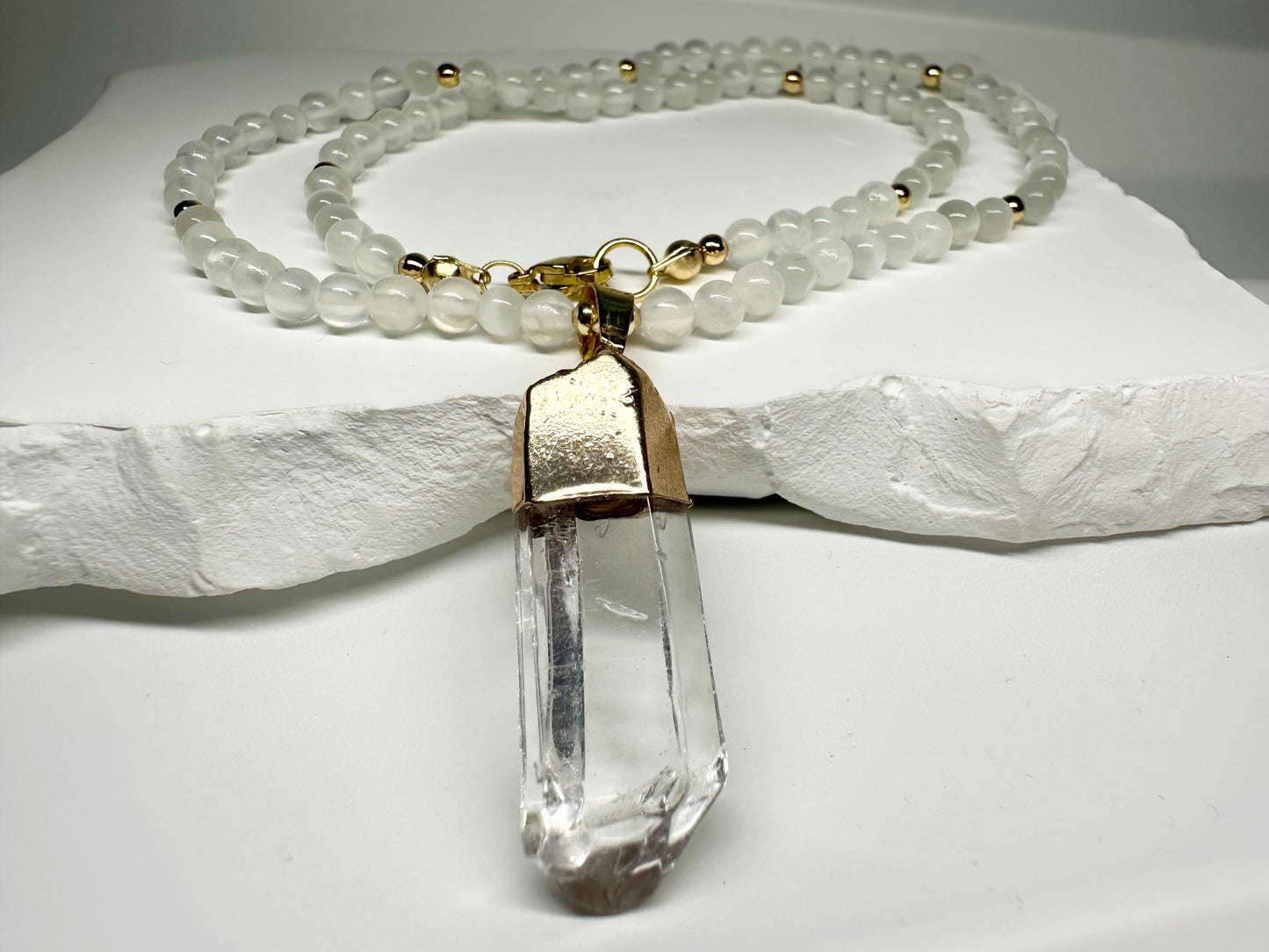 Selenite & Raw Crystal Quartz Necklace – Gold-Capped Pendant | Handmade Energy Amplifier for Clarity & Cleansing