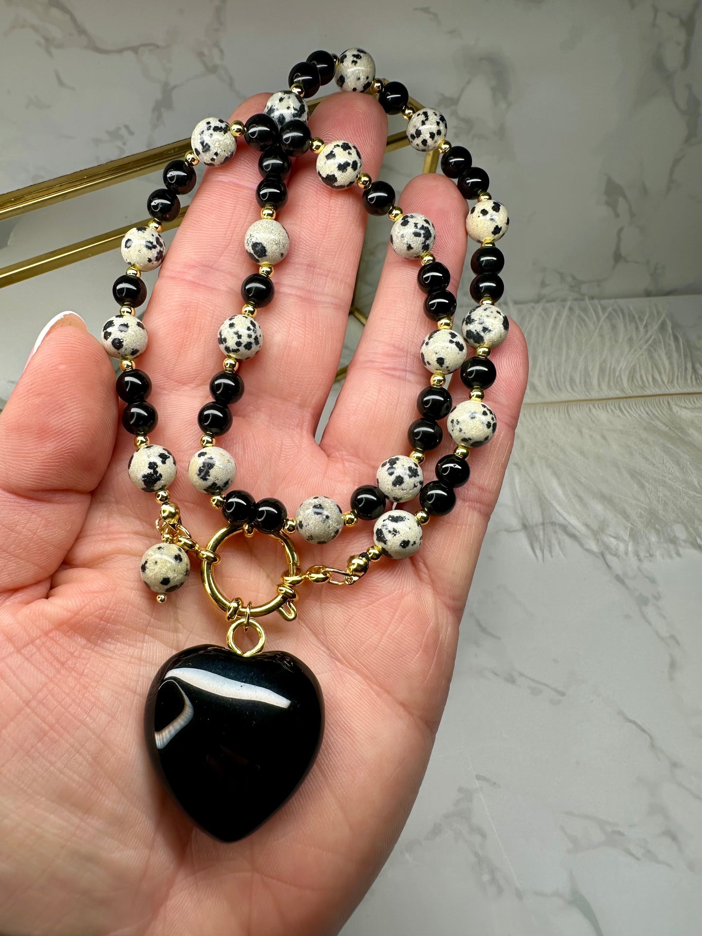Dalmatian Jasper & Black Obsidian Heart Necklace –