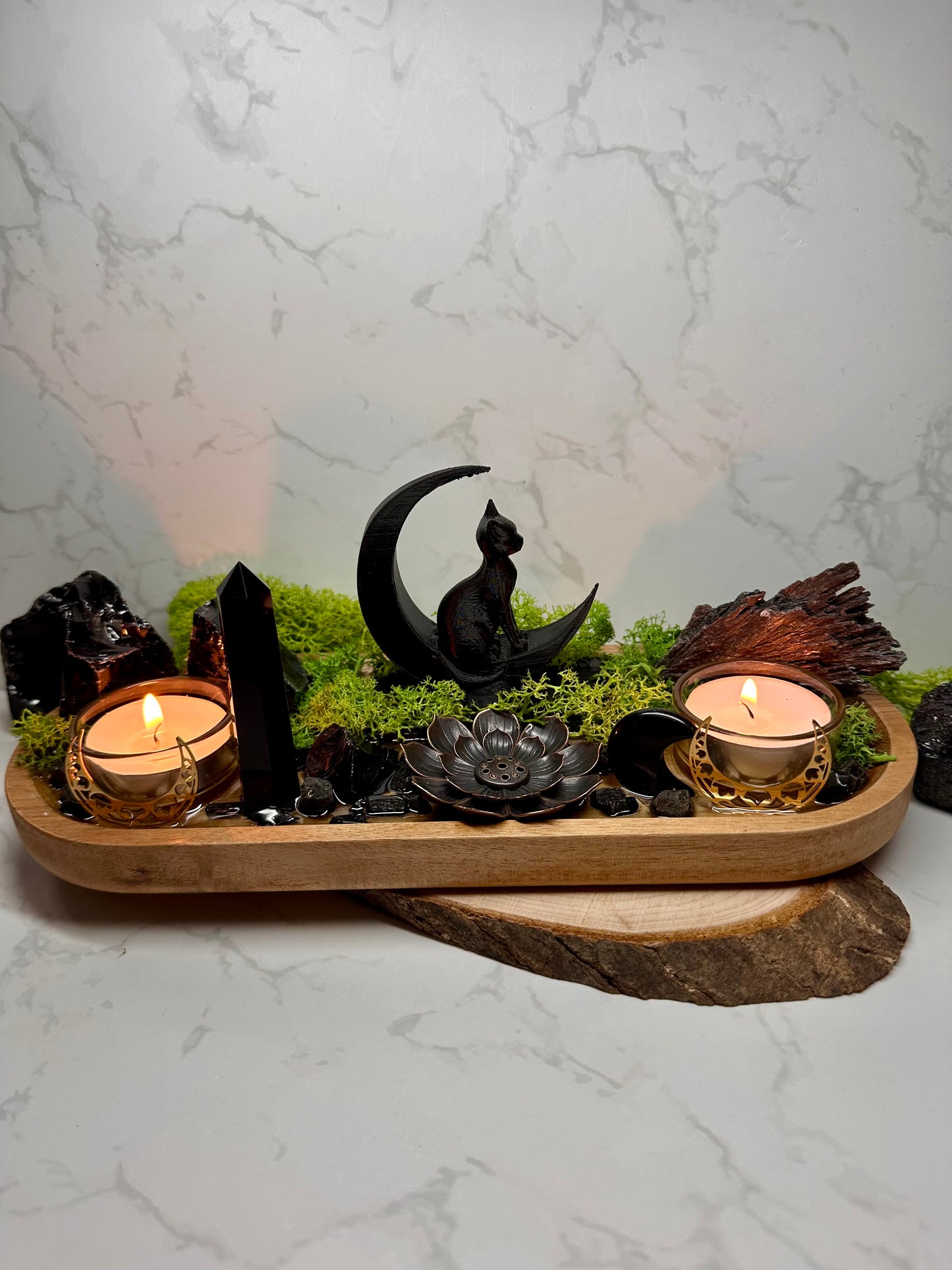 Black Tourmaline & Obsidian Moon Cat Altar | Incense Holder | Housewarming Gift |Witchcraft Decor | Protection Crystal Tray| Resin Altar