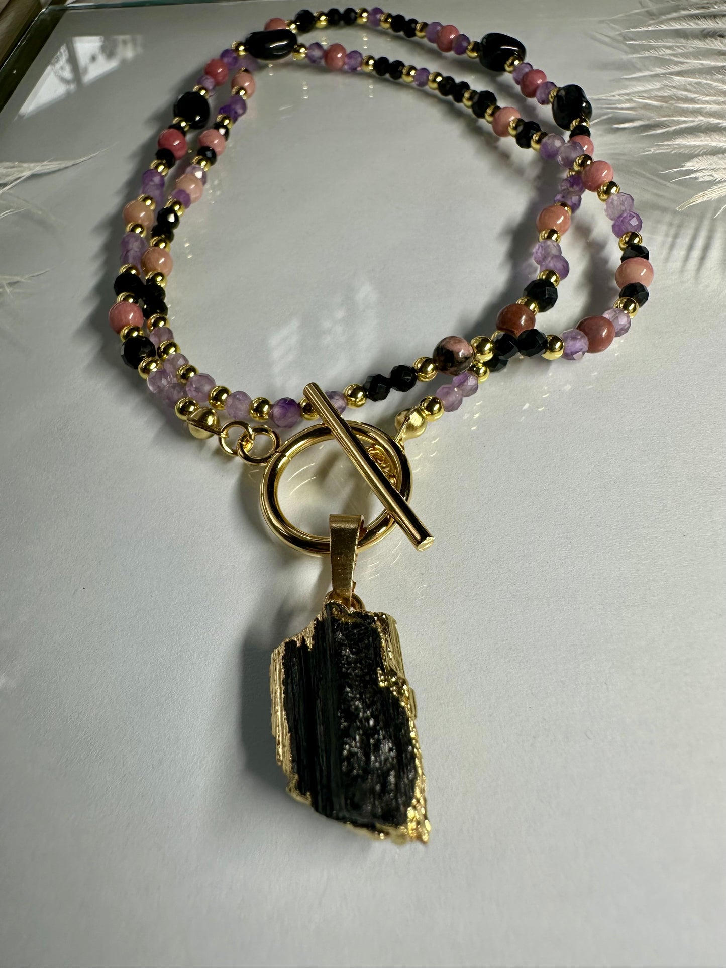 Rhodonite, Black Tourmaline & Amethyst Necklace – Crystal Protection & Intuition Jewelry