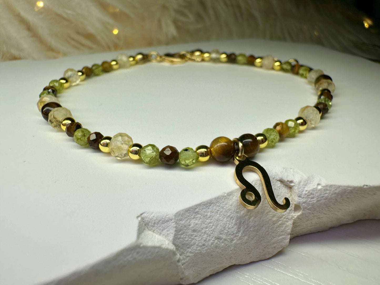 Handmade Leo Zodiac Bracelet – Peridot, Tiger Eye & Citrine Beaded Crystal Jewelry Astrology Birthday Gift