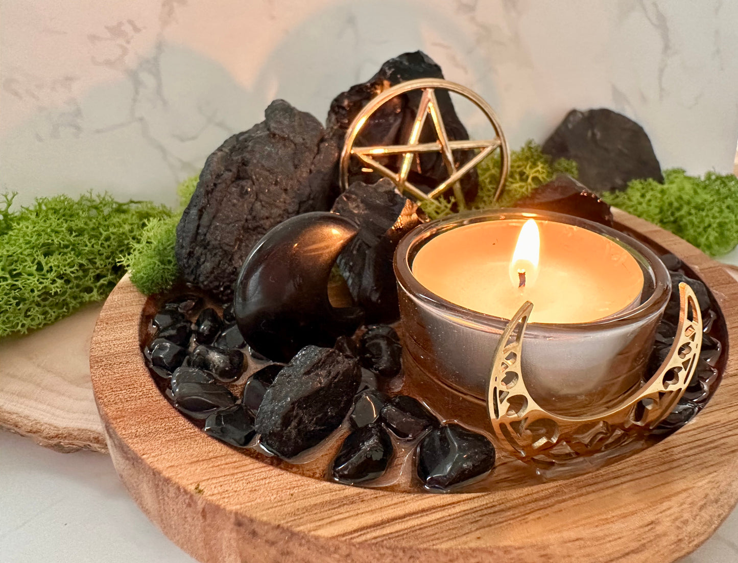 Protection Ritual Candle Holder – Black Tourmaline & Obsidian