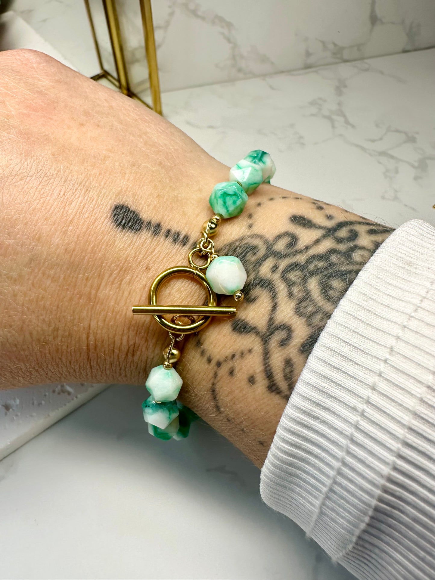 Two‑Tone Green & White Jade Bracelet • 8mm•Toggle Clasp