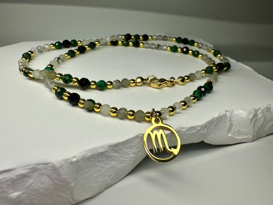 Scorpio Zodiac Beaded Necklace – Black Tourmaline, Malachite & Labradorite for Protection & Transformation