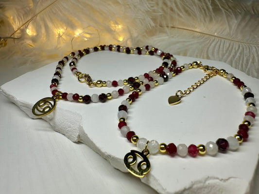 Cancer Zodiac Jewelry Set – Handmade Ruby, Rose Quartz & Moonstone Necklace and Bracelet Astrology Gift