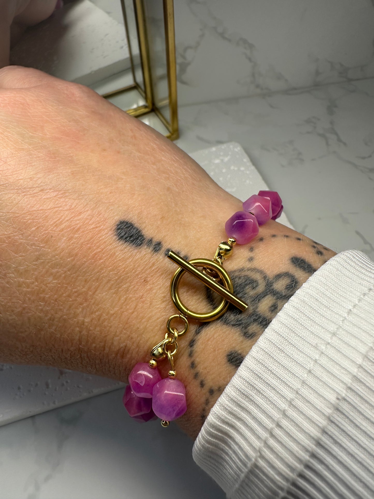 Two‑Tone Pink Jade Bracelet • 8mm•Toggle Clasp