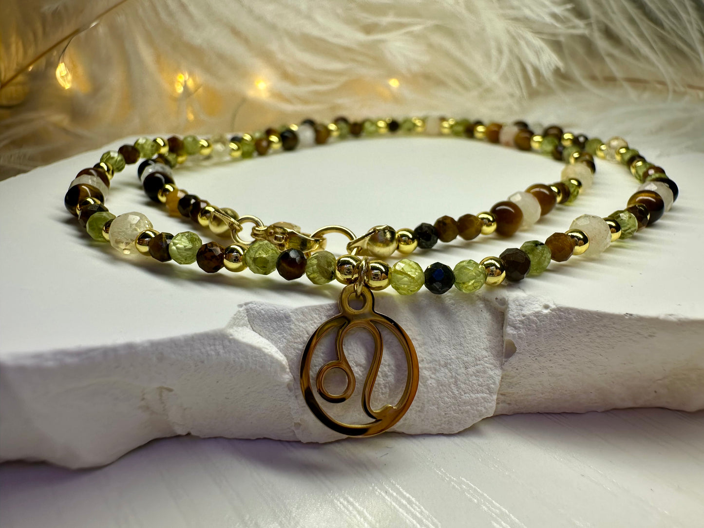 Handmade Leo Zodiac Necklace – Peridot, Tiger Eye & Citrine Beaded Crystal Jewelry Astrology Birthday Gift