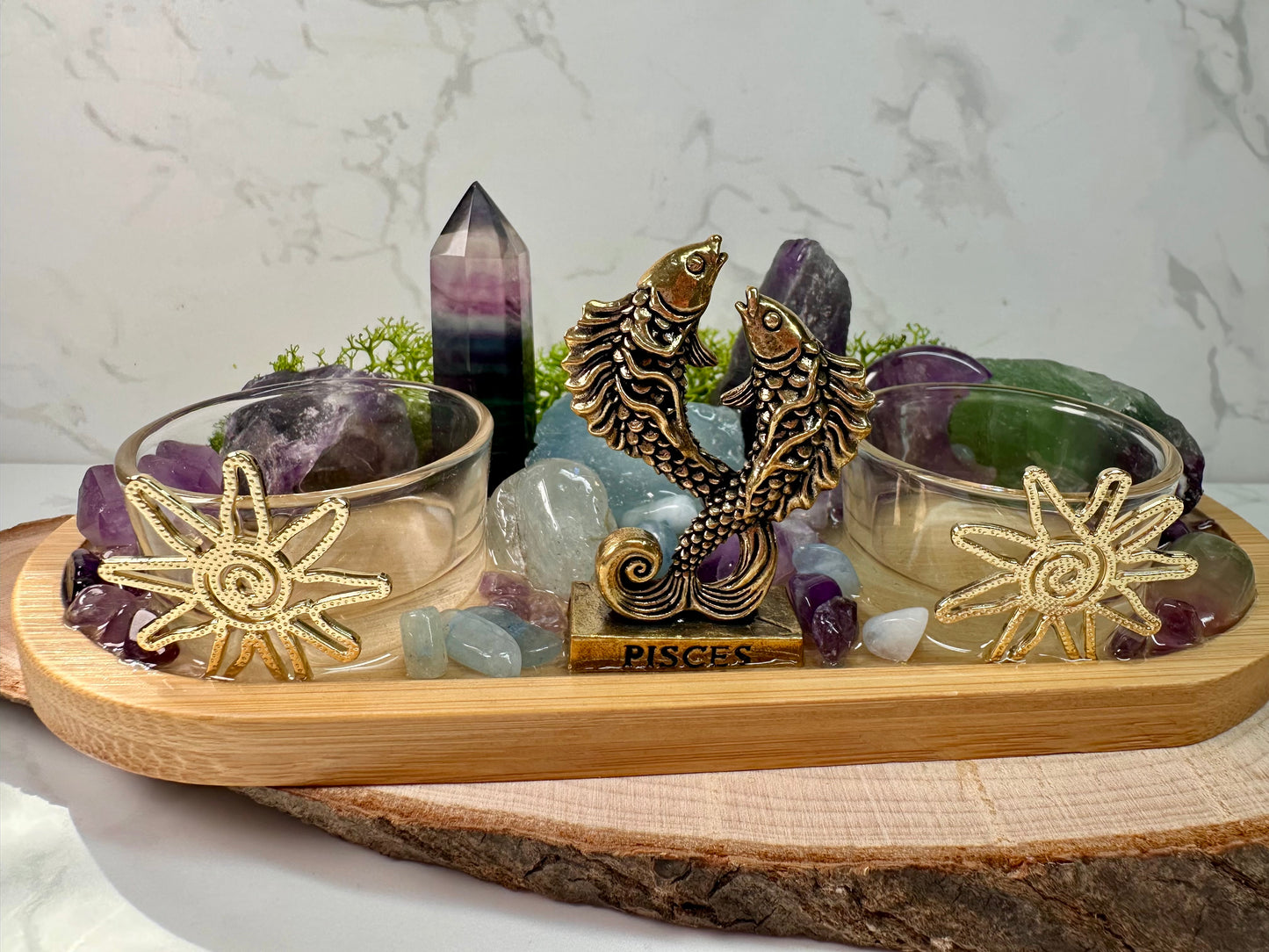 Pisces Zodiac Crystal Altar • Rainbow Fluorite, Aquamarine & Amethyst