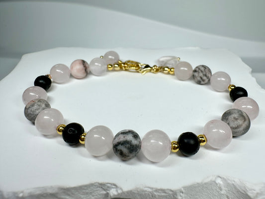 Grounded Love Crystal Bracelet ,Black Lava, Rose Quartz & Pink Zebra Jasper | Handmade Spiritual Jewellery for Balance and Healing