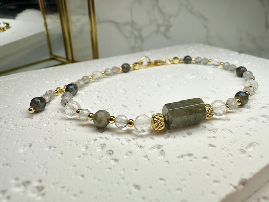 Grey Moonstone, Labradorite, and Clear Quartz Bracelet-intuition, protection, and emotional balance.