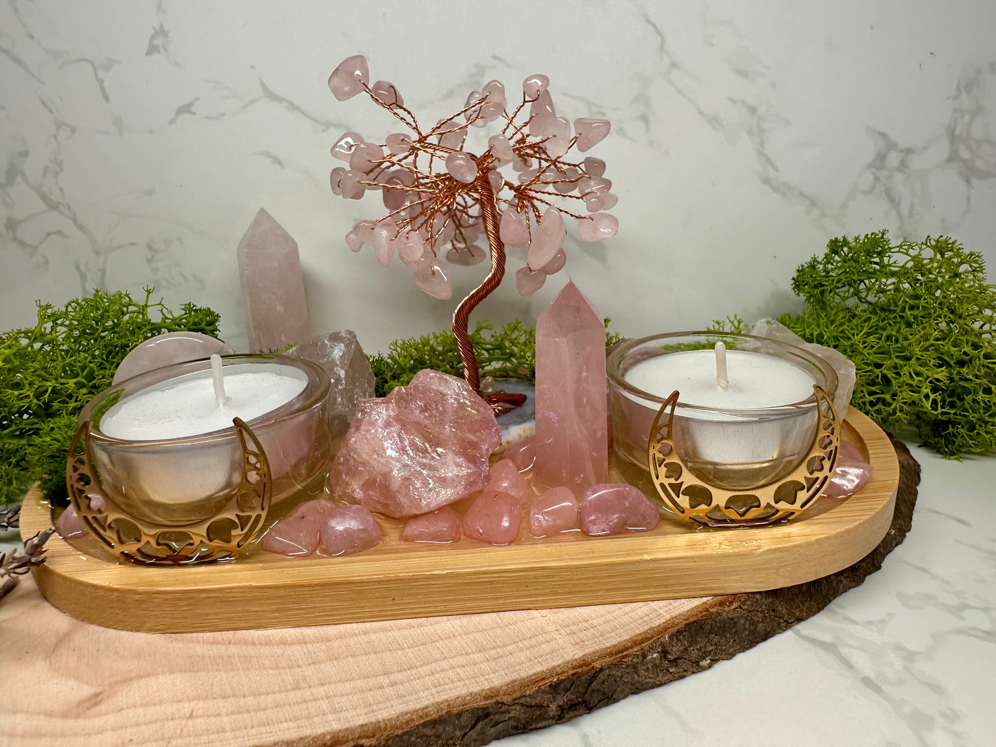 Love & Self‑Love Crystal Candle Holder | Rose Quartz Altar Tray | Divine Feminine Ritual Decor, Spiritual Gift,