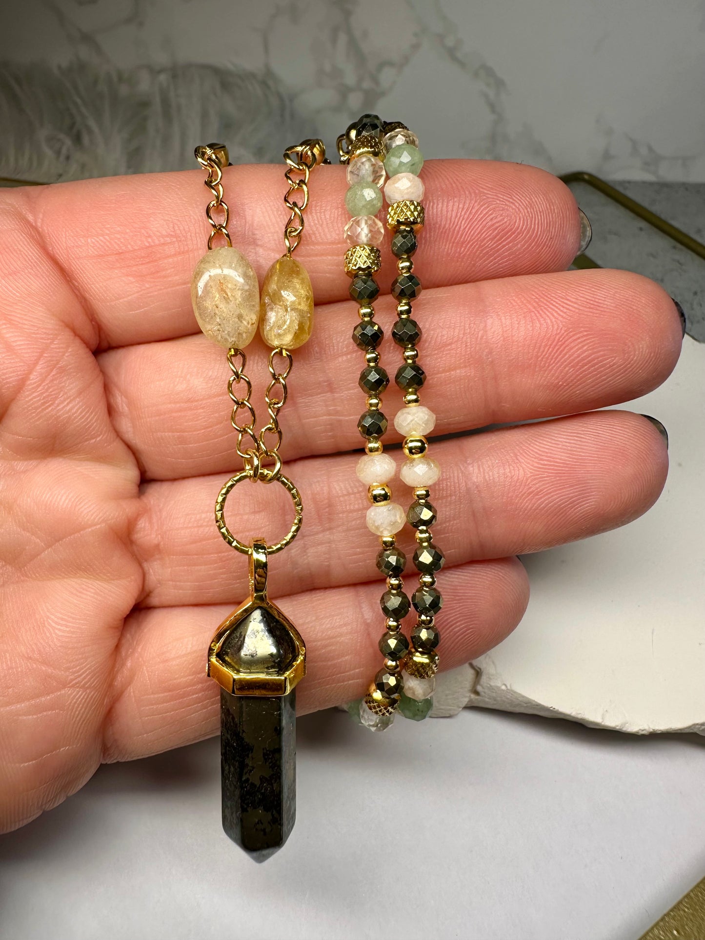 Money & Prosperity Necklace – Pyrite, Citrine & Green Aventurine for Abundance & Luck