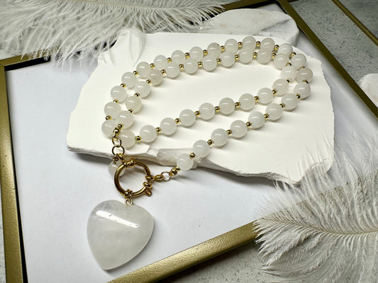 Clear Quartz Heart Necklace – 8mm Beads, Gold Clasp, Handmade Crystal Jewelry