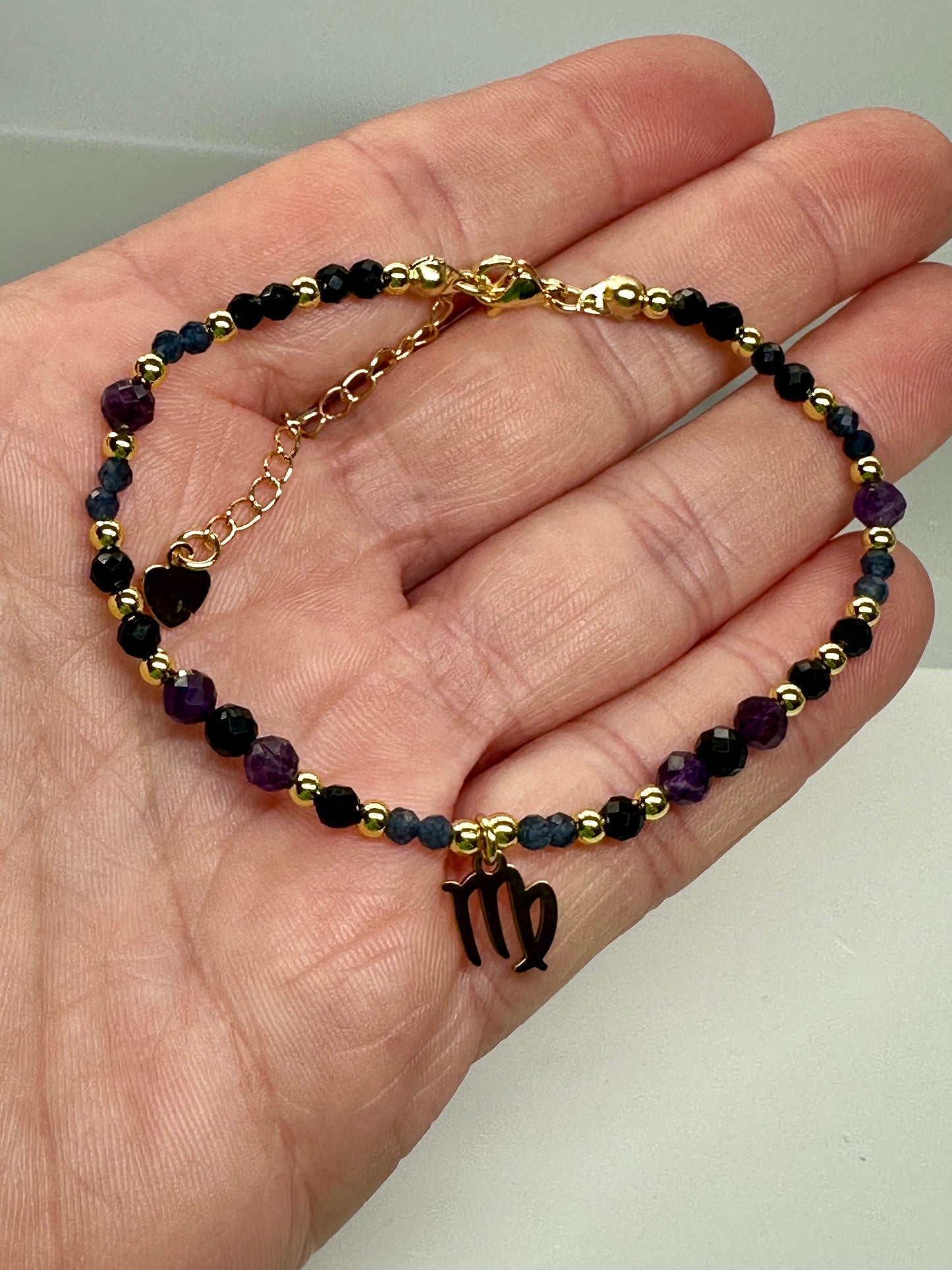 Virgo Zodiac Bracelet – Sapphire, Black Tourmaline & Amethyst | Handmade Crystal Jewellery for Protection, Clarity & Calm