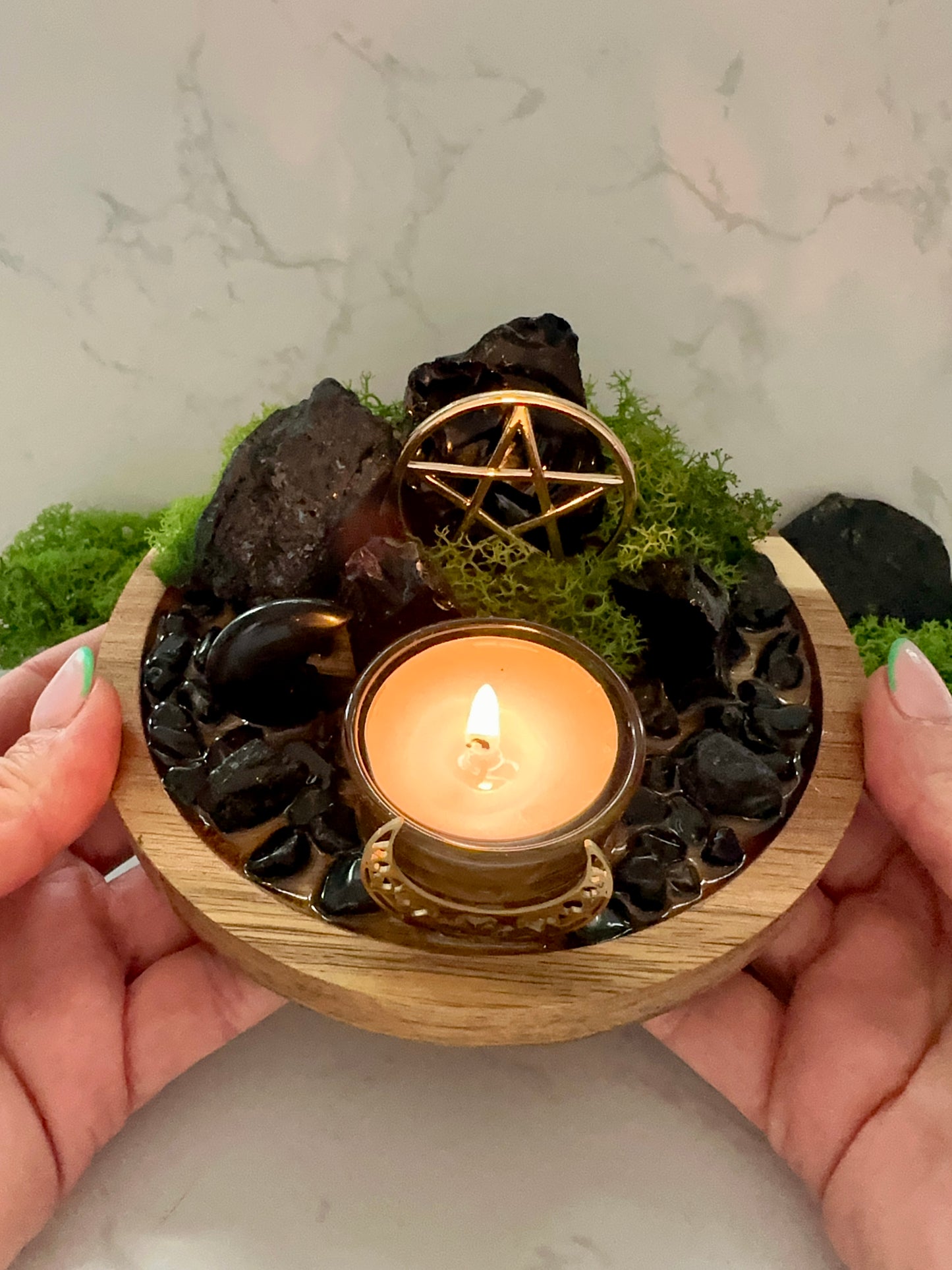 Protection Ritual Candle Holder – Black Tourmaline & Obsidian