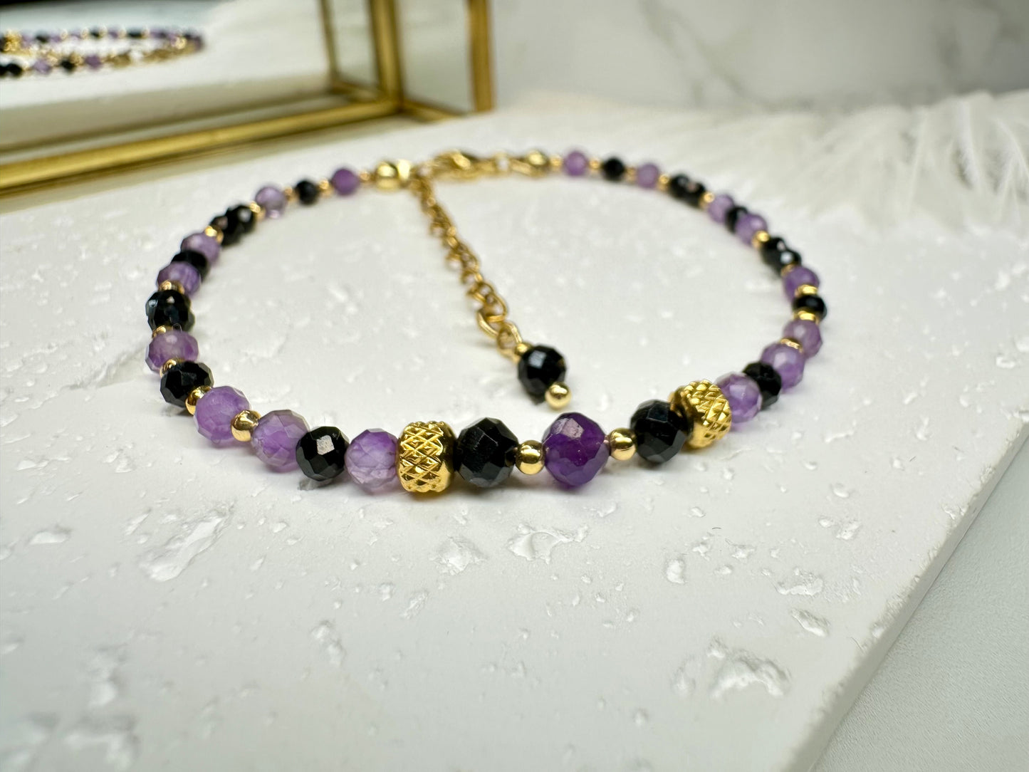 Beaded Black Tourmaline & Amethyst Bracelet