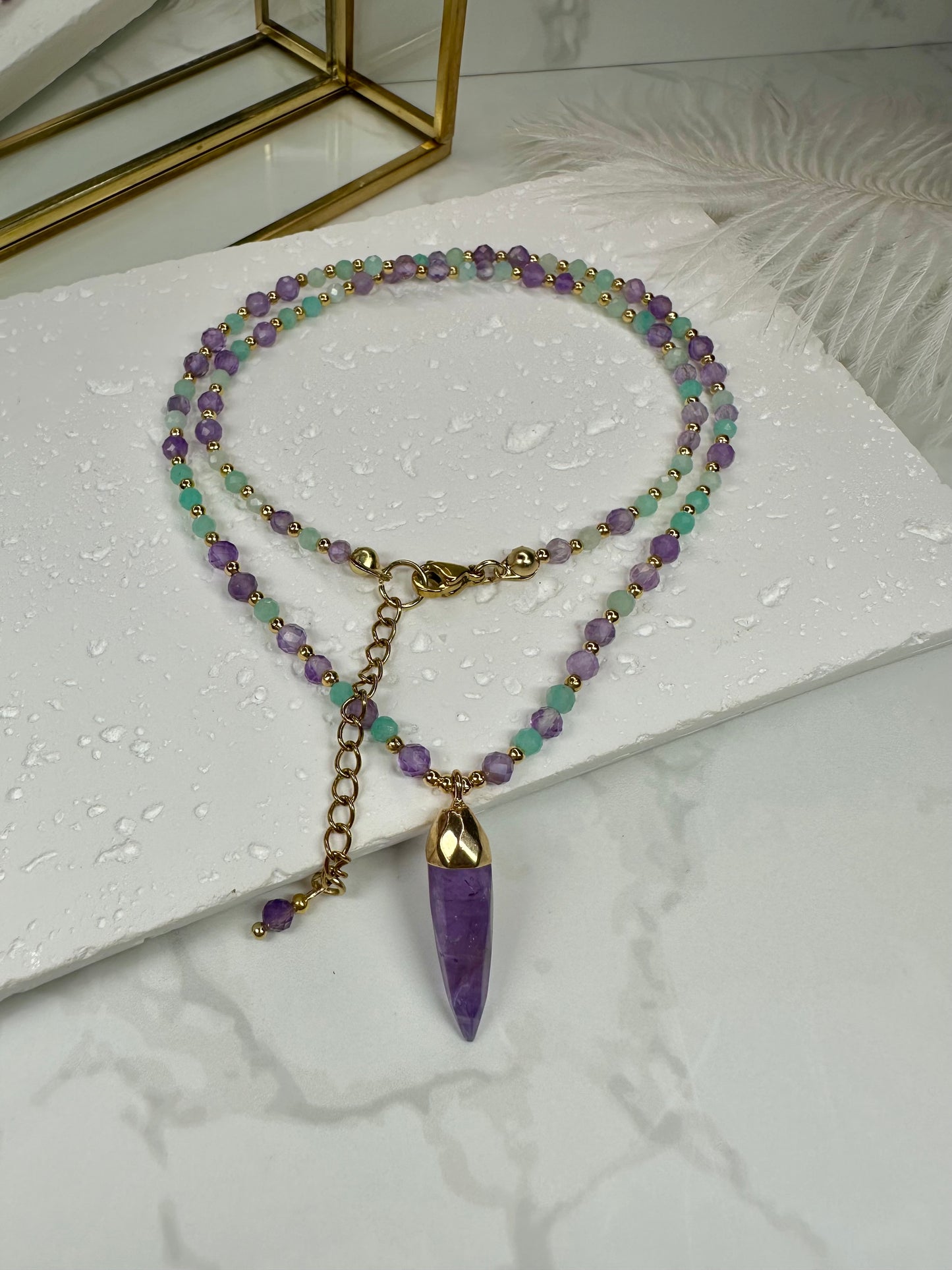 Amazonite & Amethyst Crystal Necklace, grounding and uplifting.