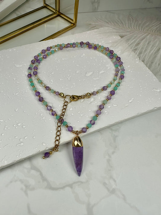 Amazonite & Amethyst Crystal Necklace, grounding and uplifting.