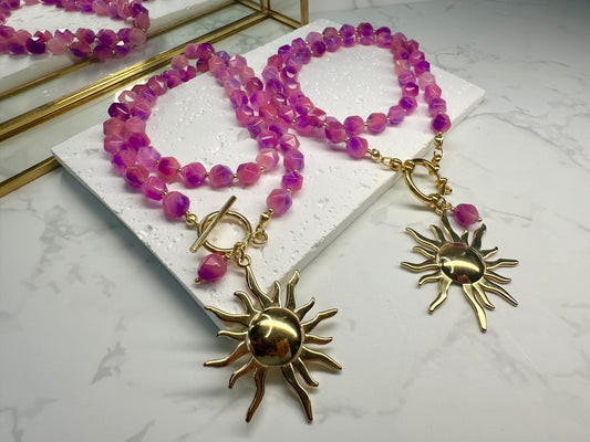 Pink Jade Necklace – Handmade Bohoq Jewellery with Large Sun Charm