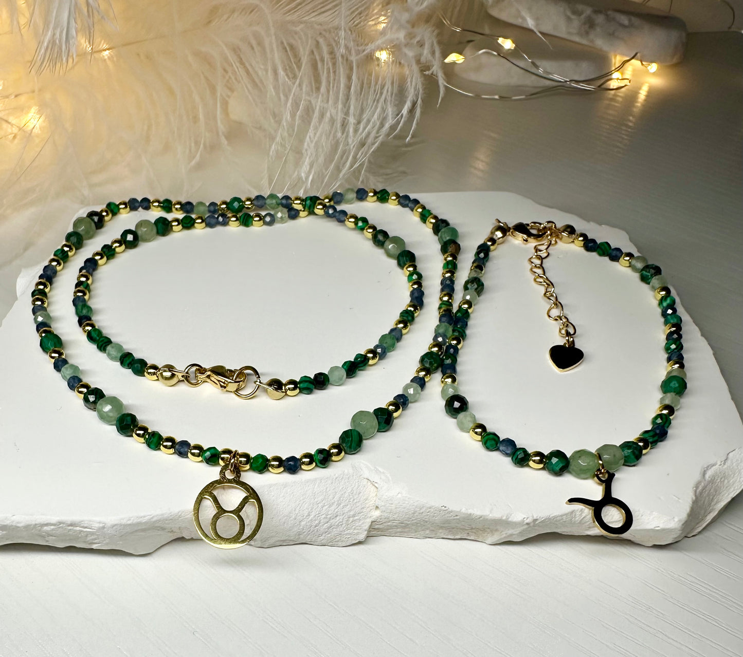Taurus Zodiac Jewelry Set – Handmade Malachite, Green Aventurine & Sapphire Necklace & Bracelet