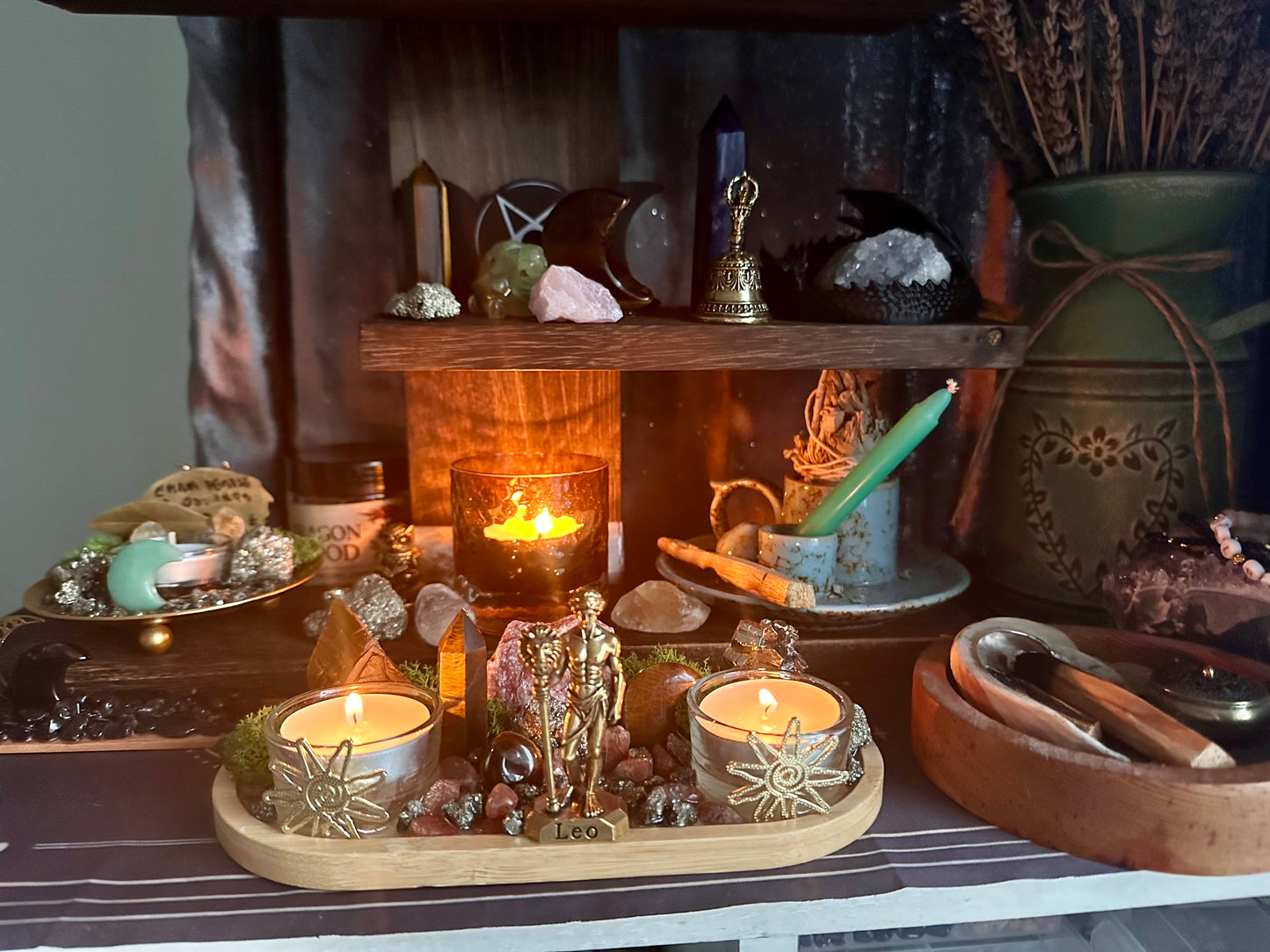 Leo Zodiac Crystal Tray • Tiger Eye, Sunstone & Pyrite • Handmade Leo Altar